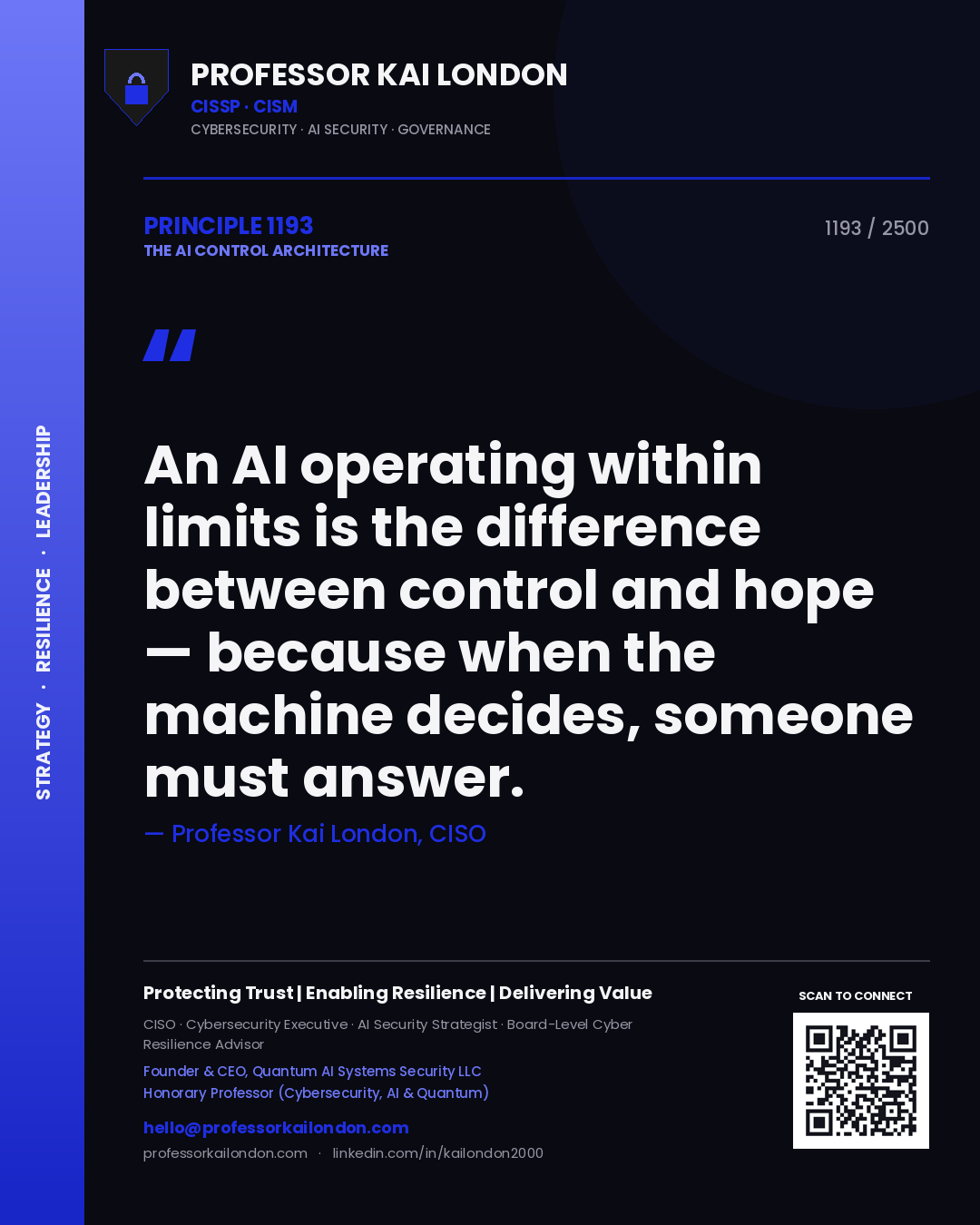 Professor Kai London principle 1193: An AI operating within limits is the difference between control and hope — because when the machine decides, someone must answer.