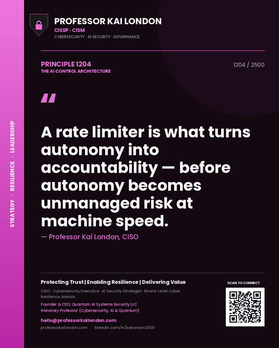 Professor Kai London principle 1204: A rate limiter is what turns autonomy into accountability — before autonomy becomes unmanaged risk at machine speed.
