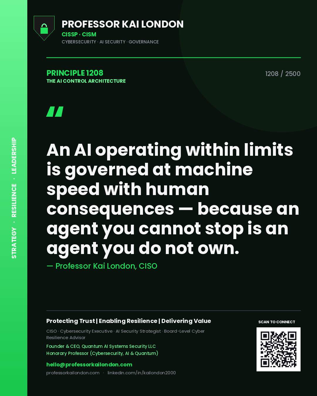 Professor Kai London principle 1208: An AI operating within limits is governed at machine speed with human consequences — because an agent you cannot stop is an agent you do not own.