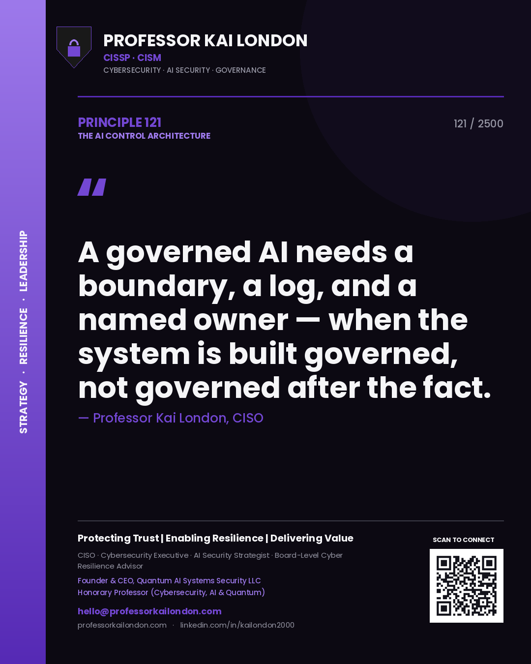 Professor Kai London principle 121: A governed AI needs a boundary, a log, and a named owner — when the system is built governed, not governed after the fact.