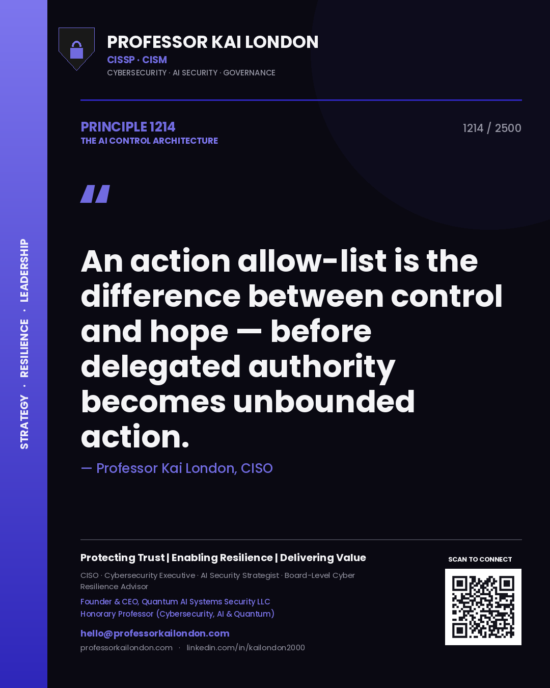 Professor Kai London principle 1214: An action allow-list is the difference between control and hope — before delegated authority becomes unbounded action.
