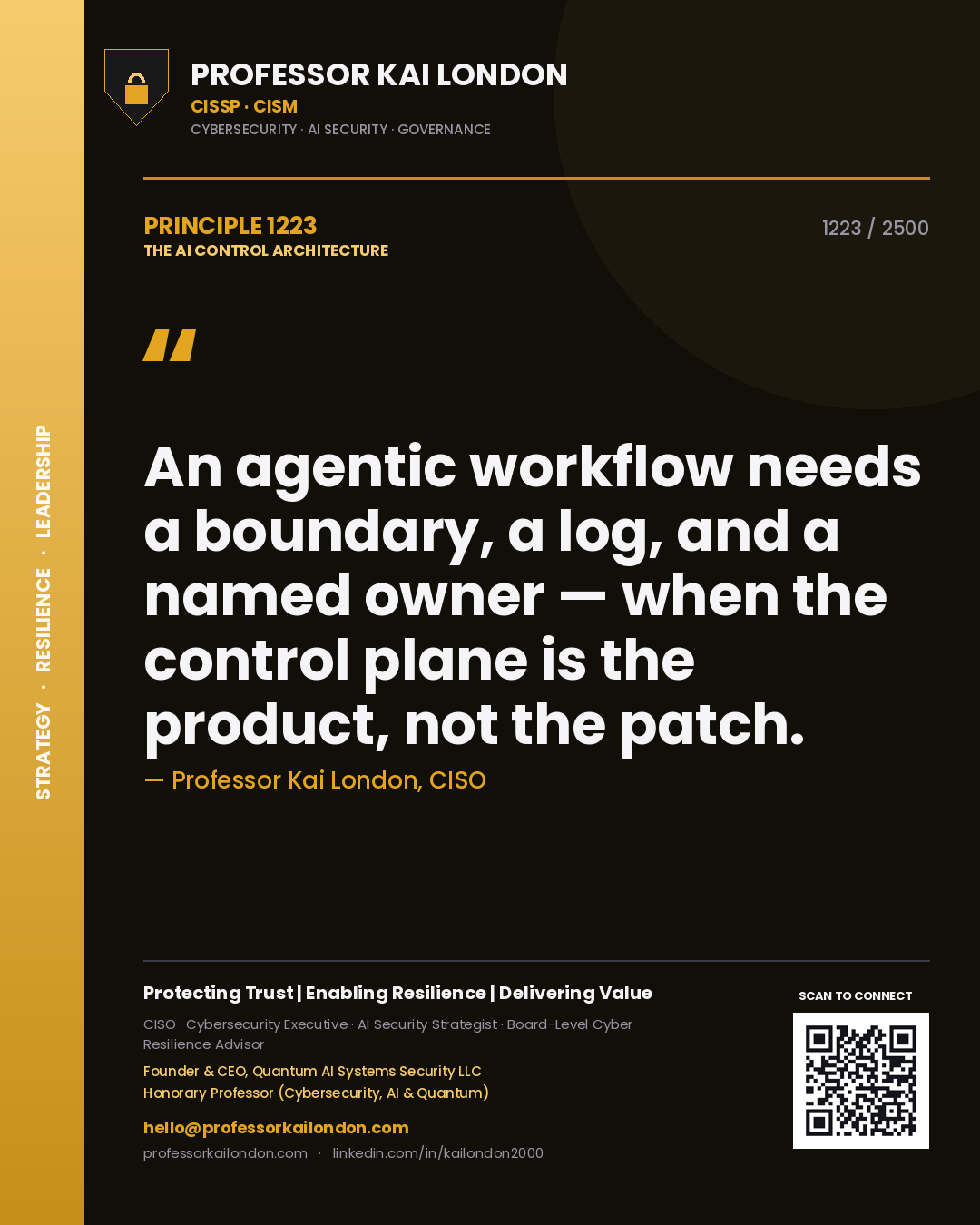 Professor Kai London principle 1223: An agentic workflow needs a boundary, a log, and a named owner — when the control plane is the product, not the patch.