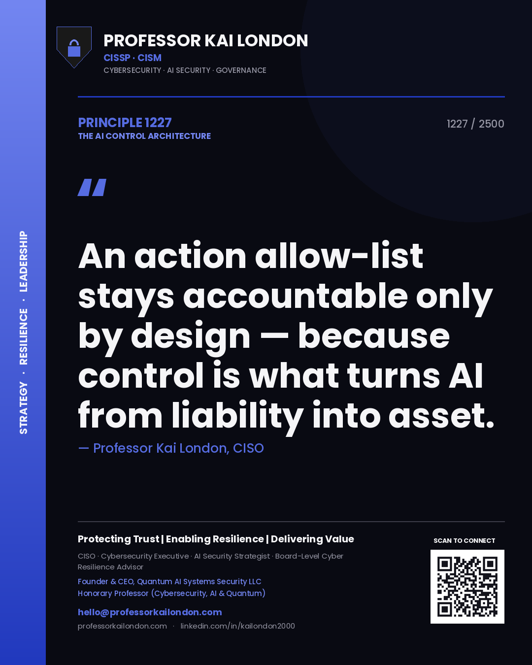 Professor Kai London principle 1227: An action allow-list stays accountable only by design — because control is what turns AI from liability into asset.