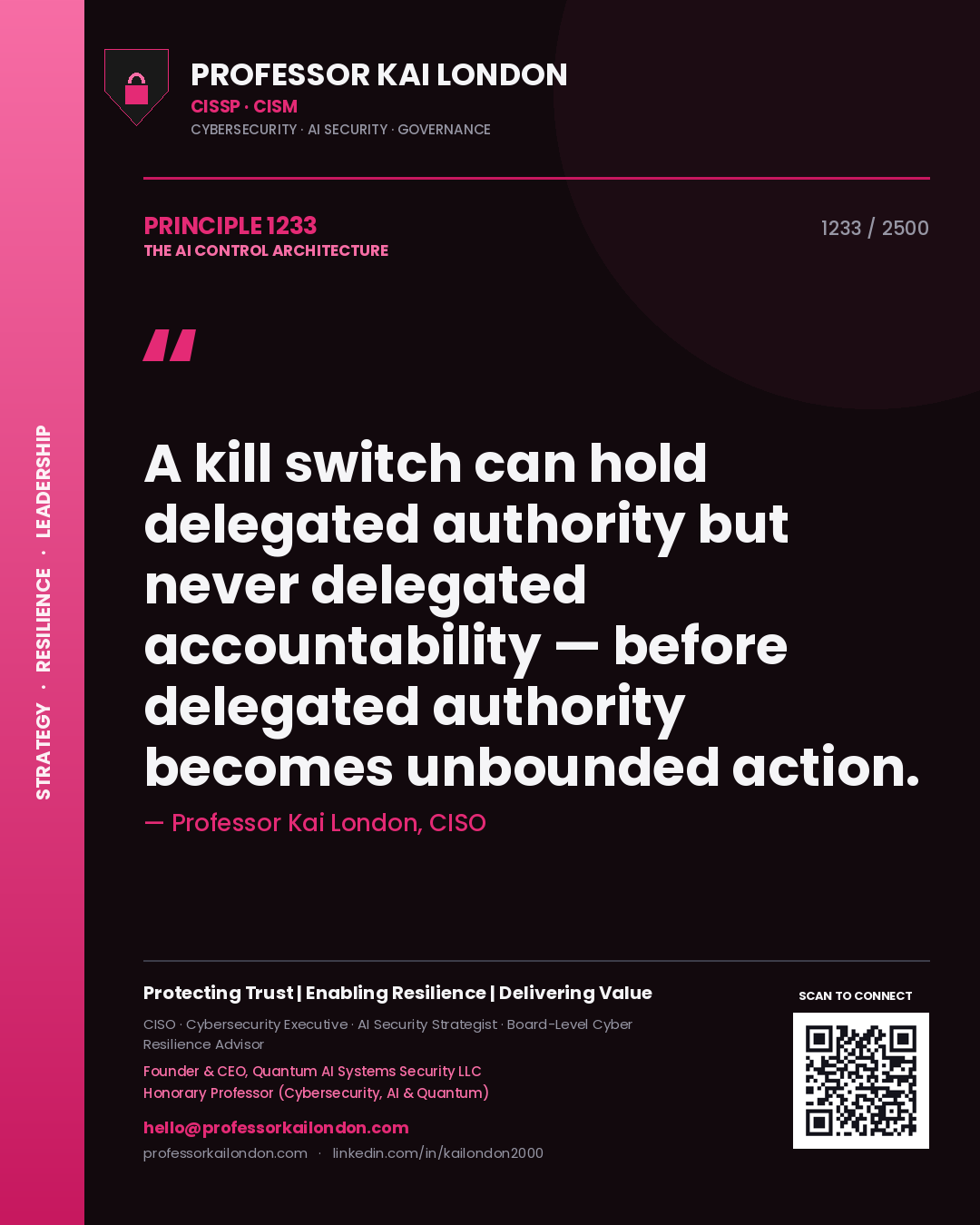 Professor Kai London principle 1233: A kill switch can hold delegated authority but never delegated accountability — before delegated authority becomes unbounded action.