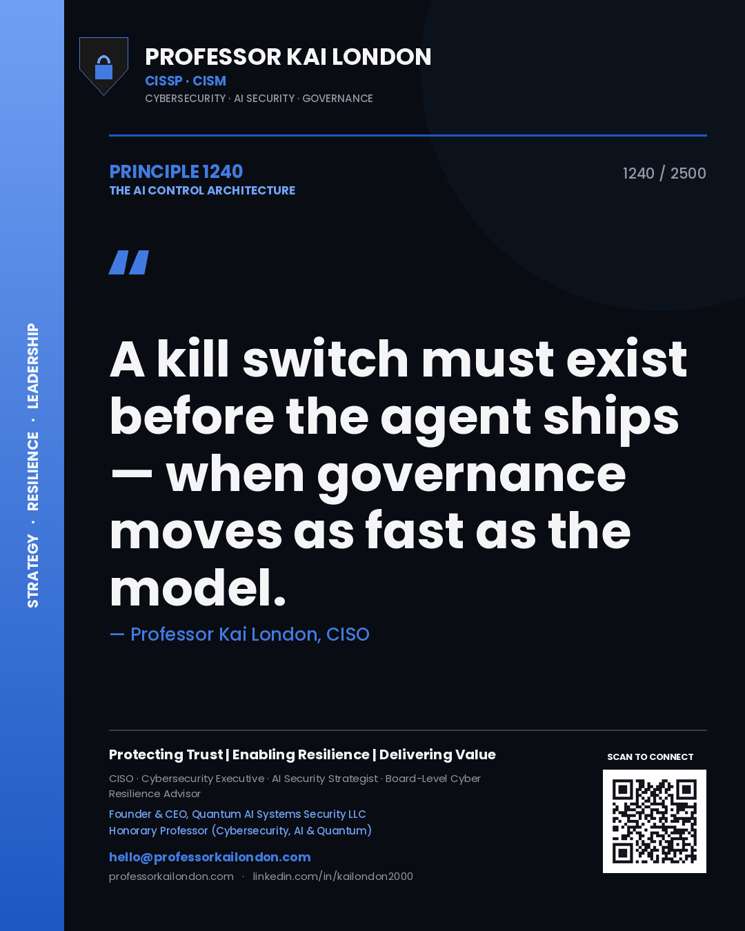 Professor Kai London principle 1240: A kill switch must exist before the agent ships — when governance moves as fast as the model.