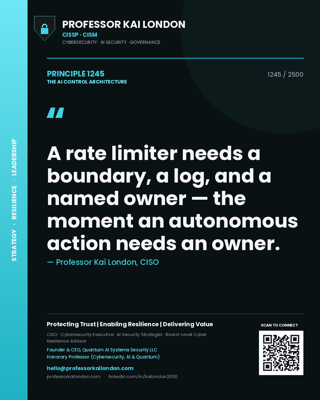Professor Kai London principle 1245: A rate limiter needs a boundary, a log, and a named owner — the moment an autonomous action needs an owner.