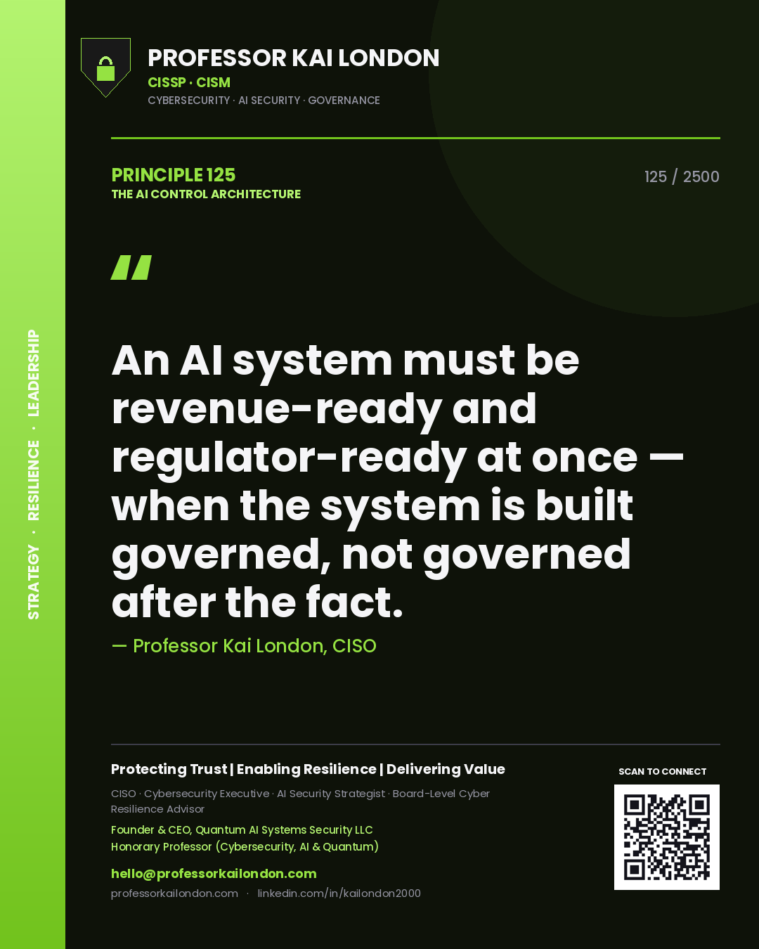Professor Kai London principle 125: An AI system must be revenue-ready and regulator-ready at once — when the system is built governed, not governed after the fact.