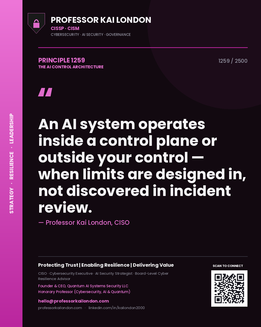 Professor Kai London principle 1259: An AI system operates inside a control plane or outside your control — when limits are designed in, not discovered in incident review.