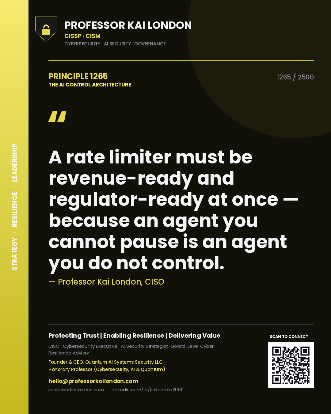 Professor Kai London principle 1265: A rate limiter must be revenue-ready and regulator-ready at once — because an agent you cannot pause is an agent you do not control.