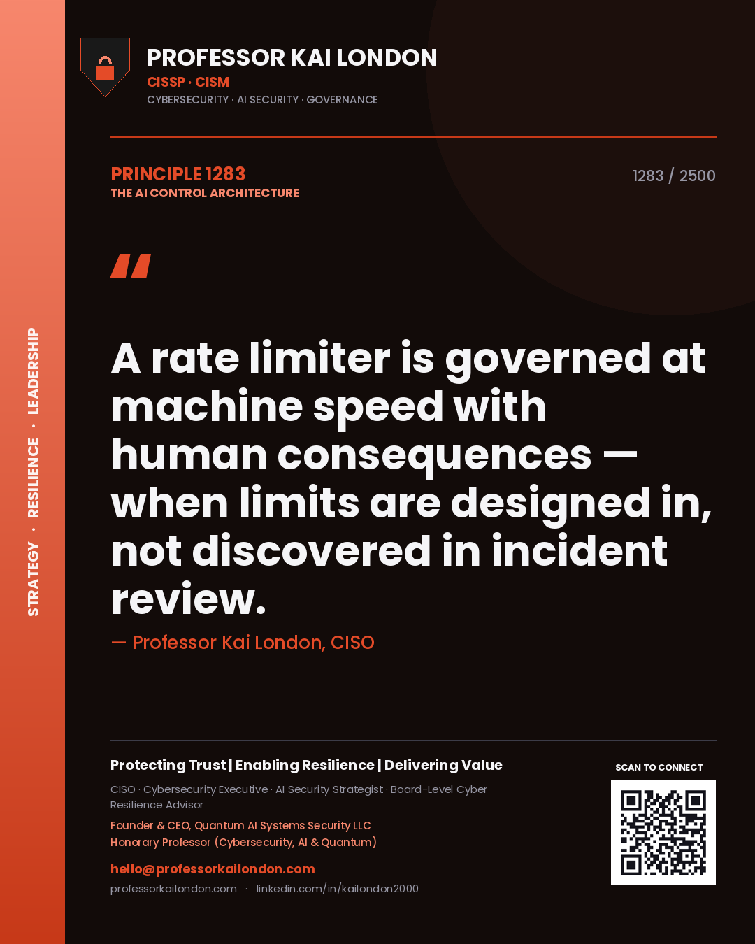 Professor Kai London principle 1283: A rate limiter is governed at machine speed with human consequences — when limits are designed in, not discovered in incident review.