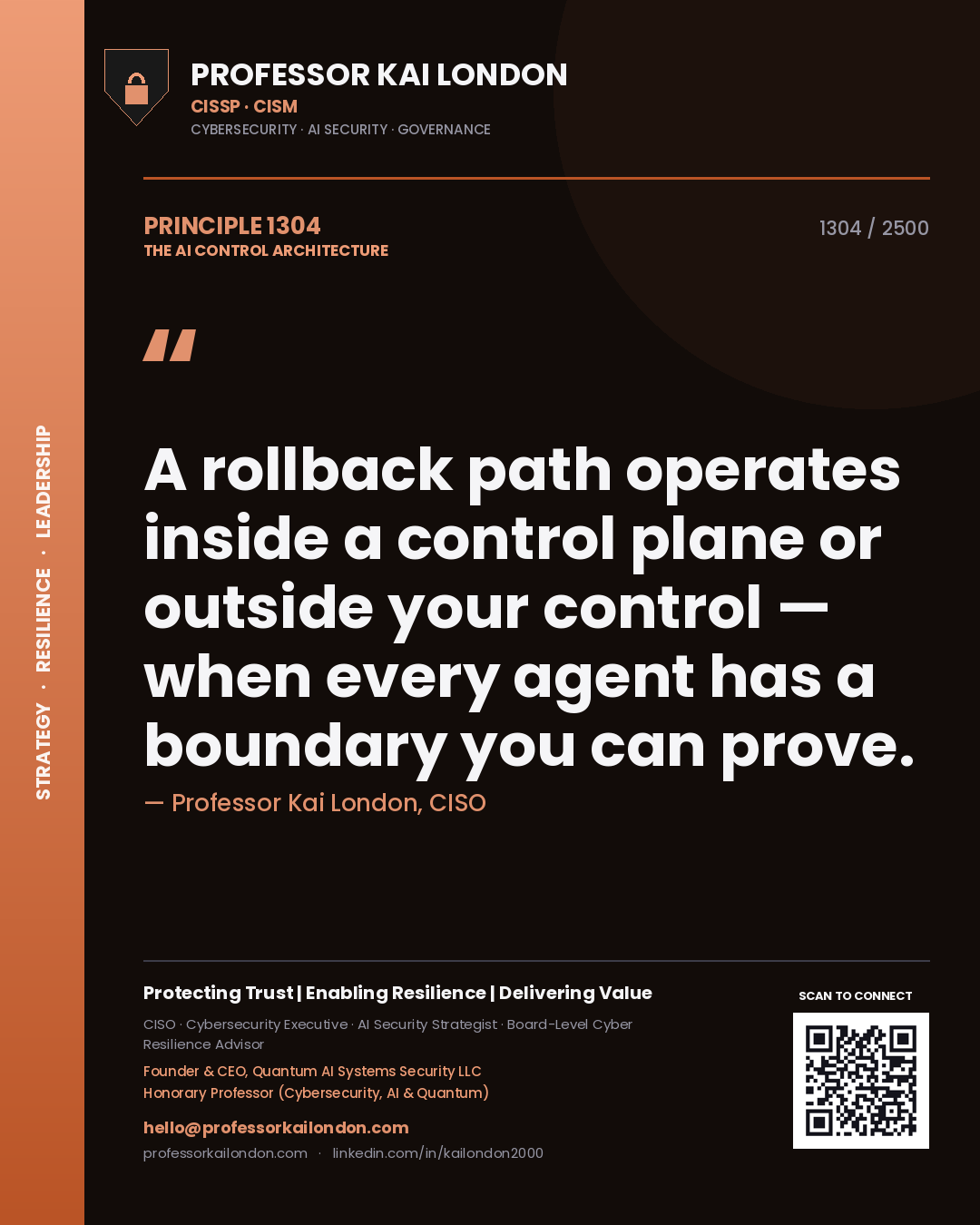 Professor Kai London principle 1304: A rollback path operates inside a control plane or outside your control — when every agent has a boundary you can prove.