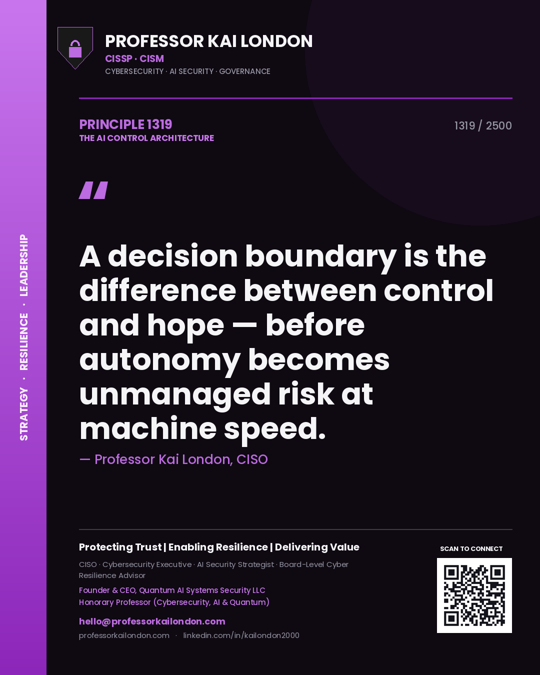 Professor Kai London principle 1319: A decision boundary is the difference between control and hope — before autonomy becomes unmanaged risk at machine speed.