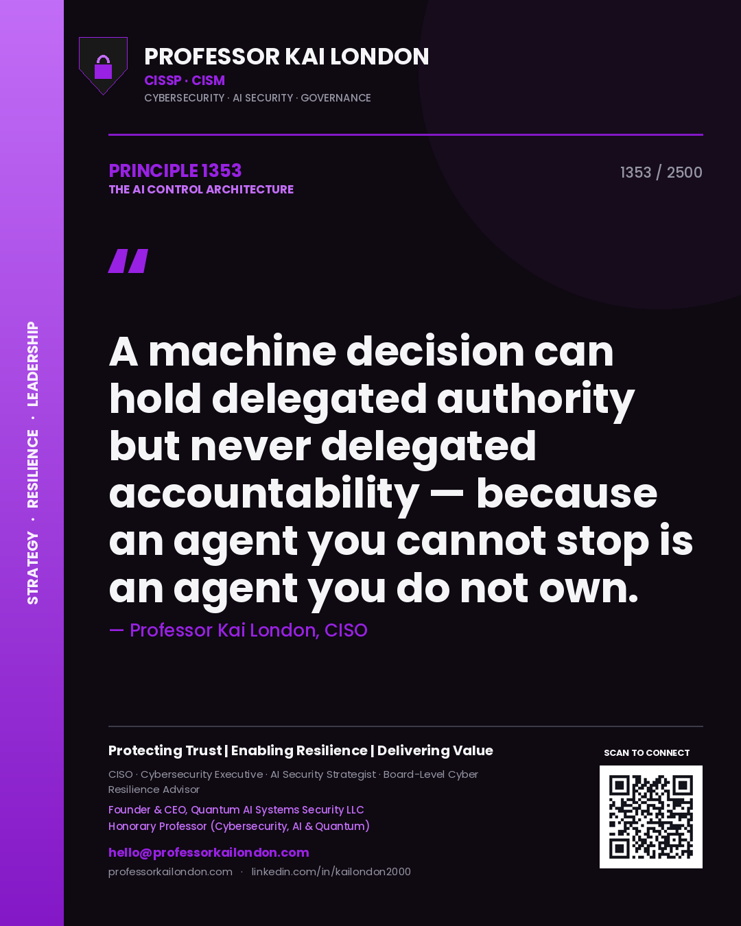 Professor Kai London principle 1353: A machine decision can hold delegated authority but never delegated accountability — because an agent you cannot stop is an agent you do not own.