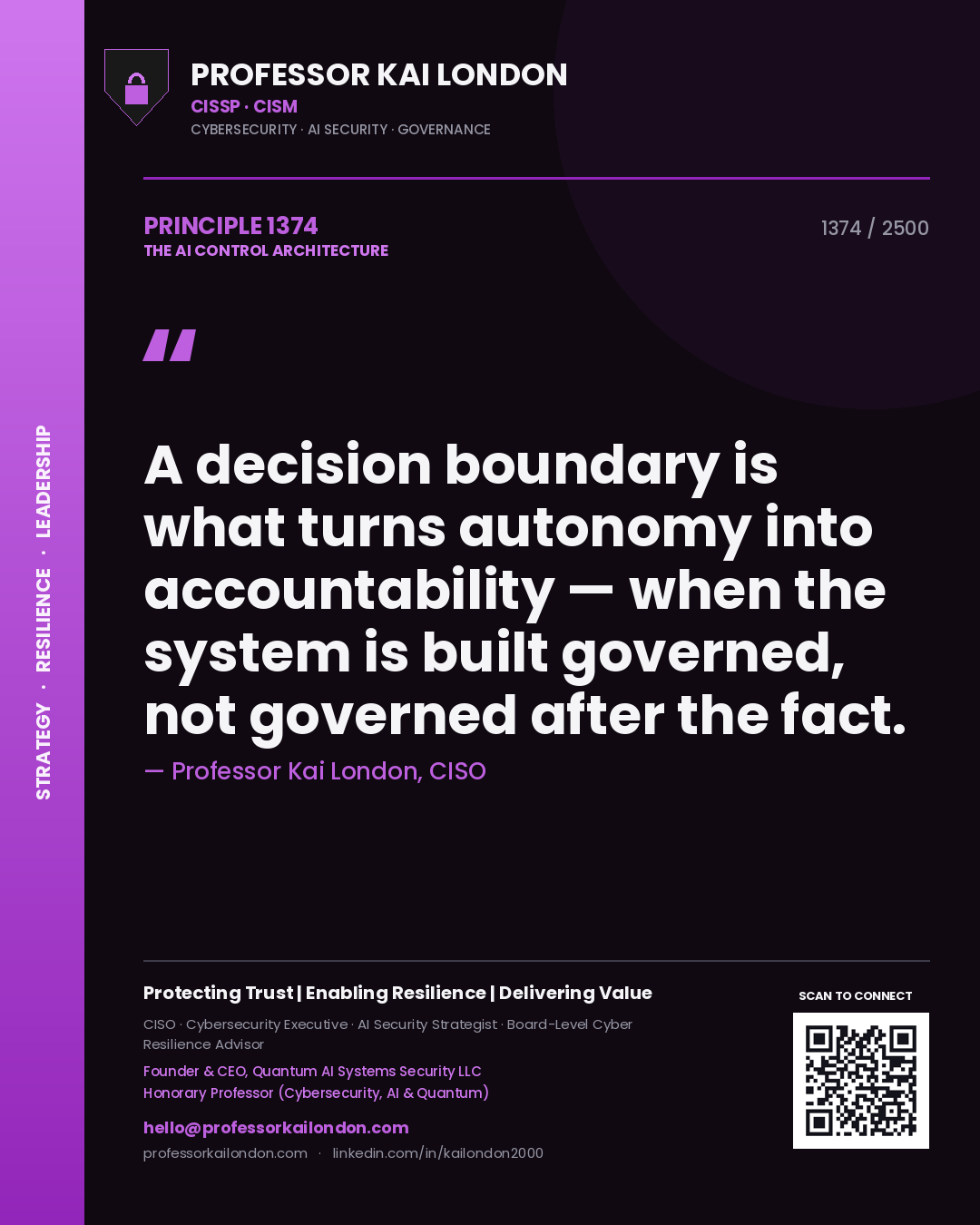 Professor Kai London principle 1374: A decision boundary is what turns autonomy into accountability — when the system is built governed, not governed after the fact.