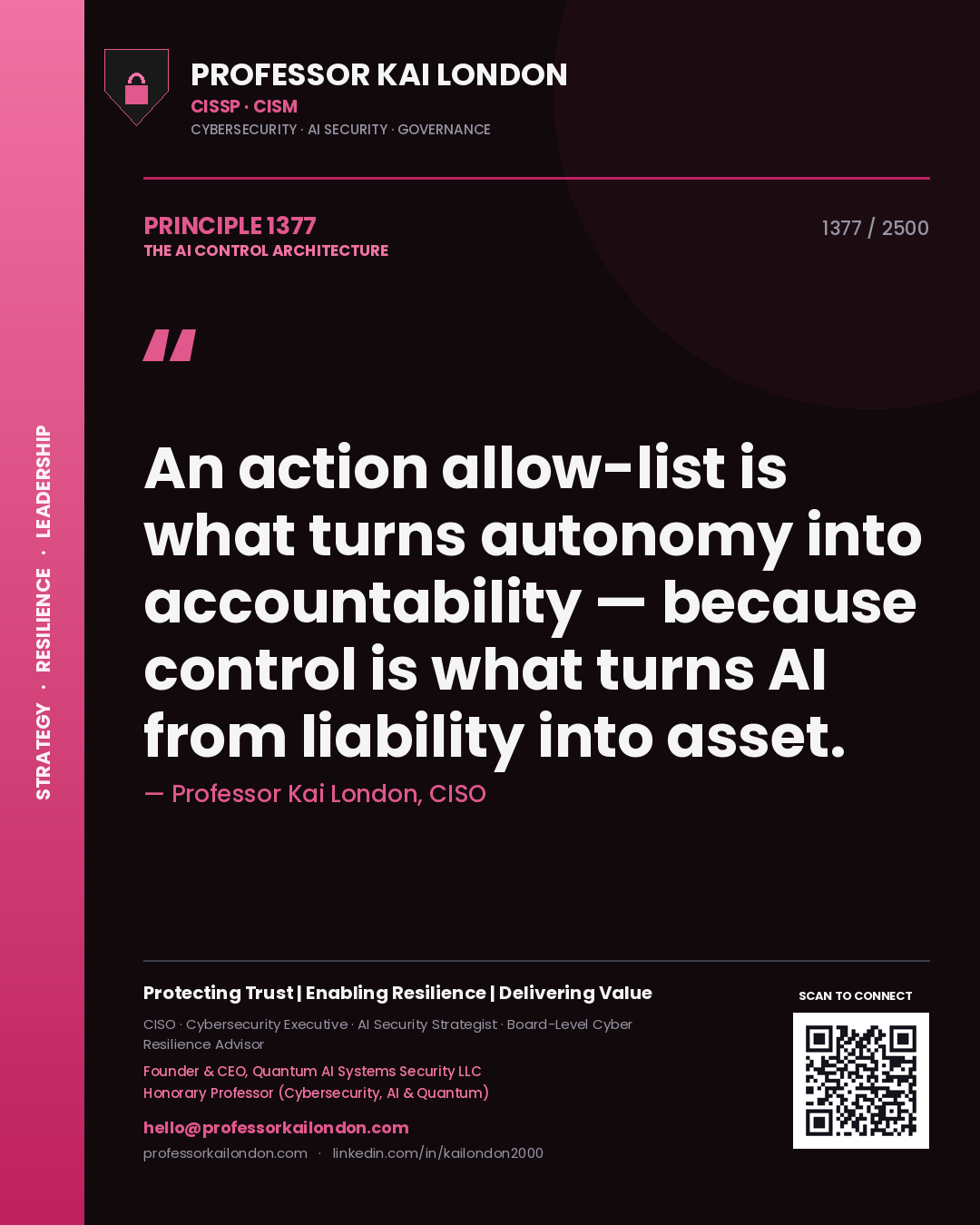Professor Kai London principle 1377: An action allow-list is what turns autonomy into accountability — because control is what turns AI from liability into asset.