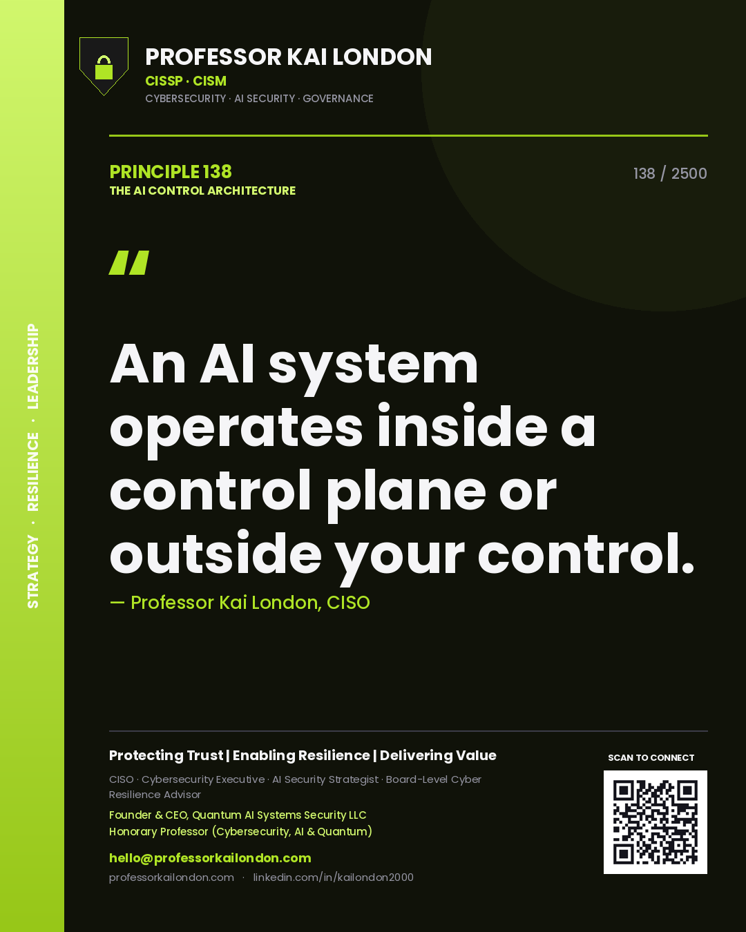 Professor Kai London principle 138: An AI system operates inside a control plane or outside your control.