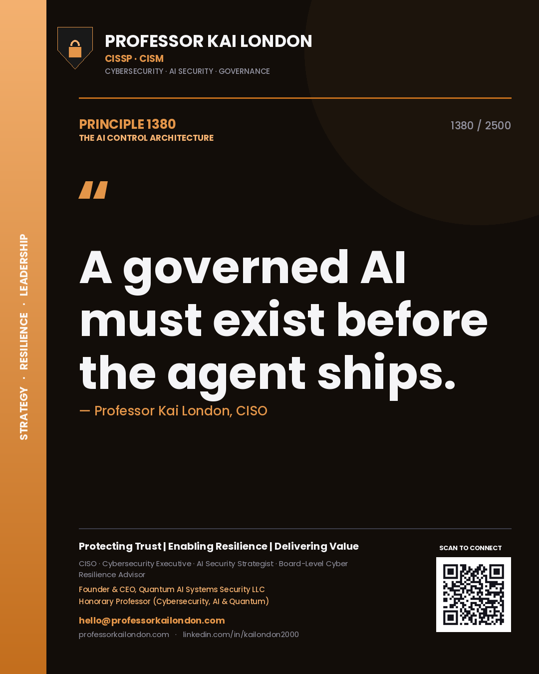 Professor Kai London principle 1380: A governed AI must exist before the agent ships.