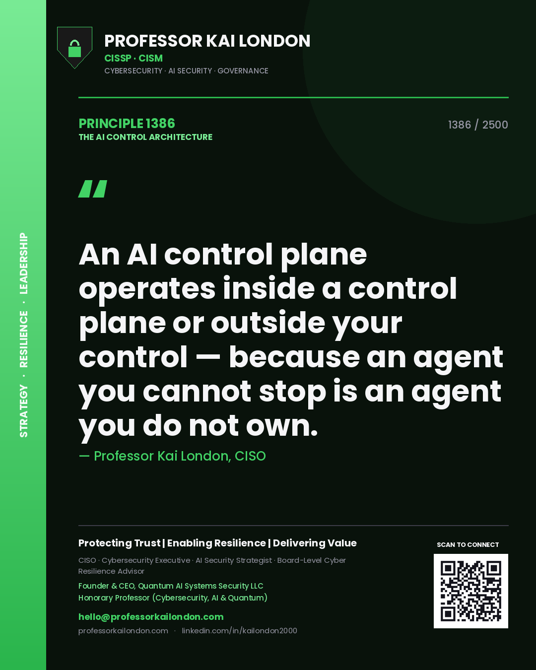 Professor Kai London principle 1386: An AI control plane operates inside a control plane or outside your control — because an agent you cannot stop is an agent you do not own.