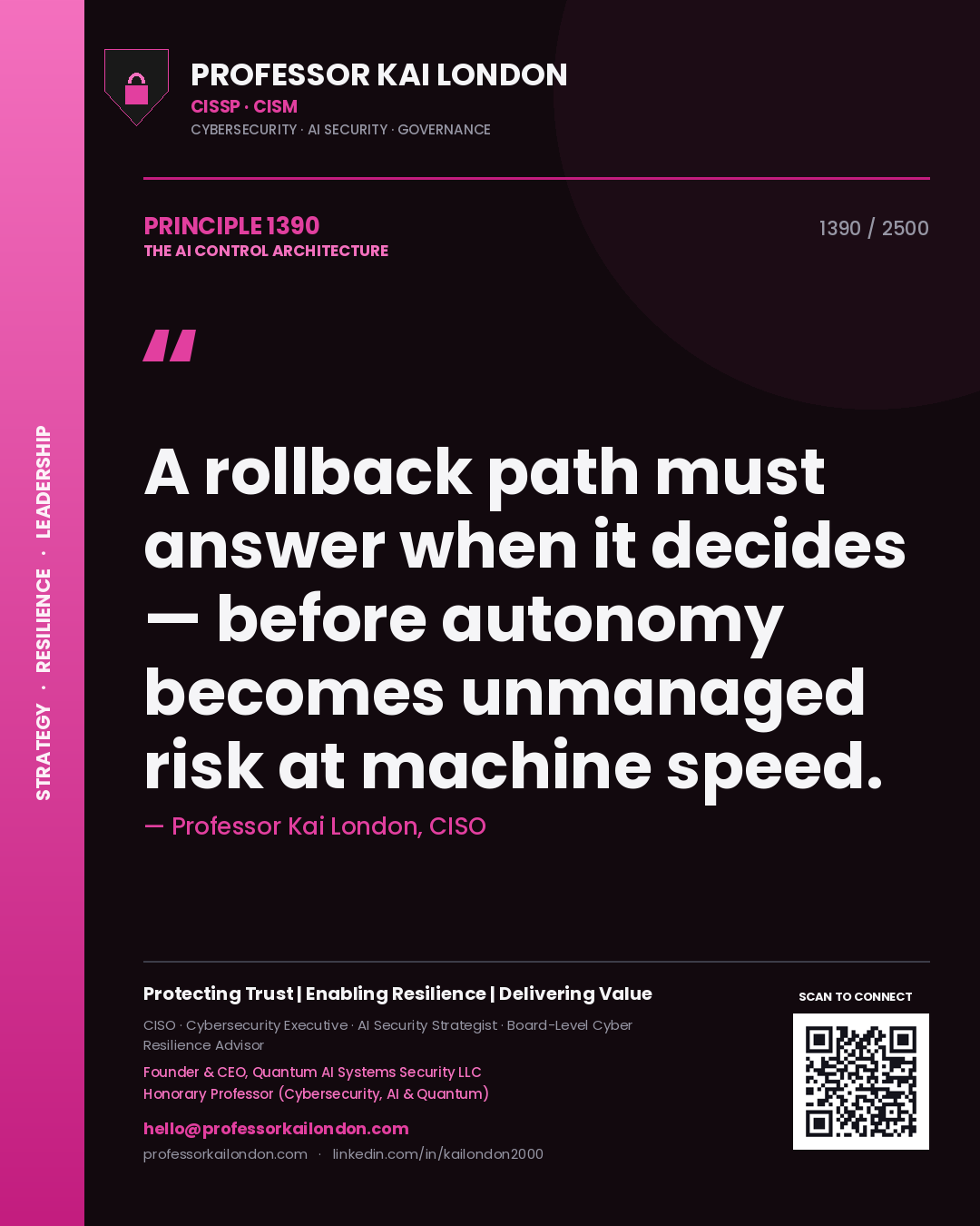 Professor Kai London principle 1390: A rollback path must answer when it decides — before autonomy becomes unmanaged risk at machine speed.