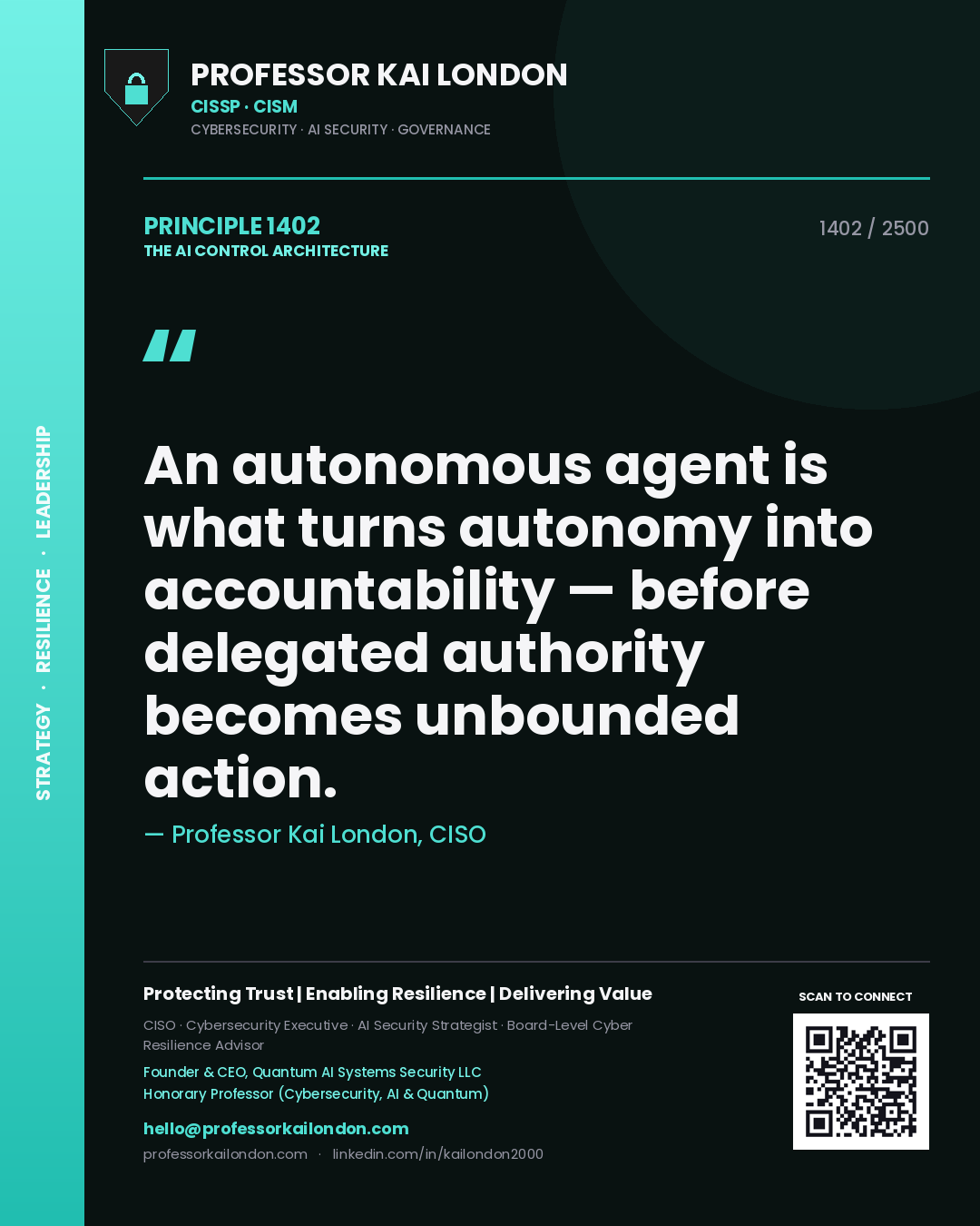 Professor Kai London principle 1402: An autonomous agent is what turns autonomy into accountability — before delegated authority becomes unbounded action.