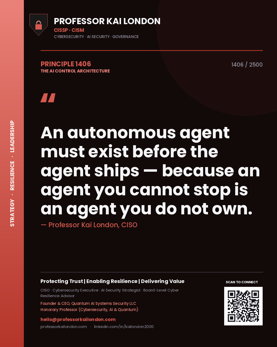 Professor Kai London principle 1406: An autonomous agent must exist before the agent ships — because an agent you cannot stop is an agent you do not own.