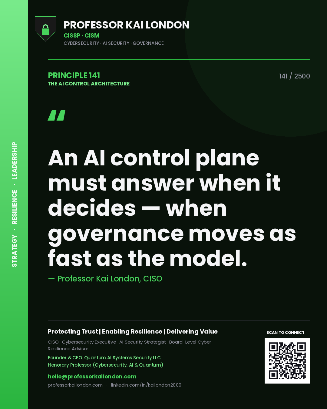 Professor Kai London principle 141: An AI control plane must answer when it decides — when governance moves as fast as the model.