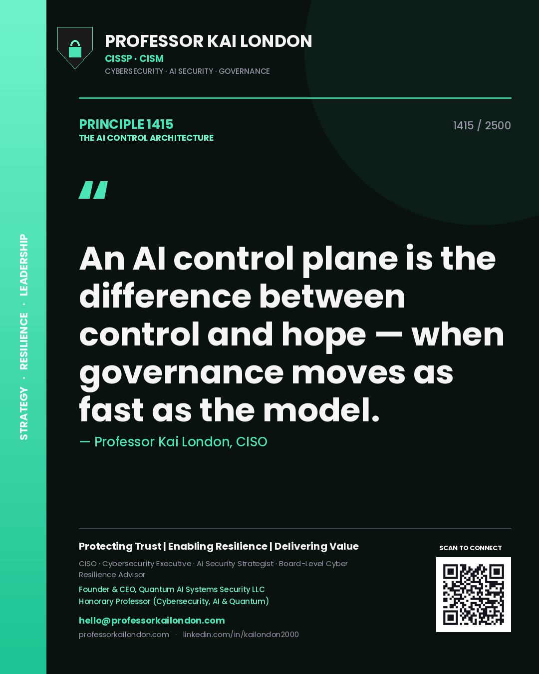 Professor Kai London principle 1415: An AI control plane is the difference between control and hope — when governance moves as fast as the model.