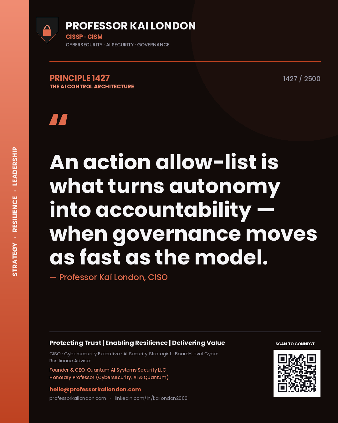 Professor Kai London principle 1427: An action allow-list is what turns autonomy into accountability — when governance moves as fast as the model.