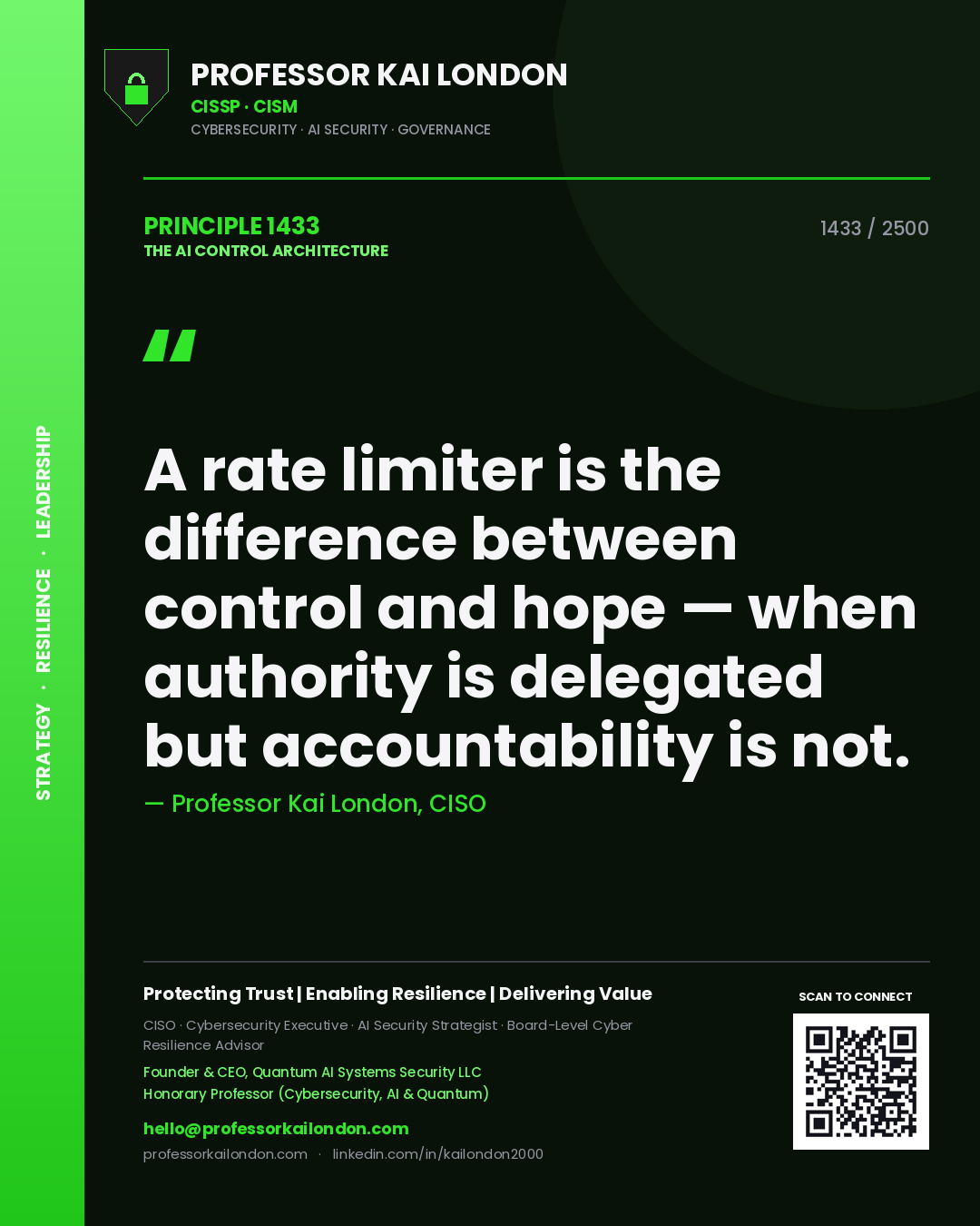 Professor Kai London principle 1433: A rate limiter is the difference between control and hope — when authority is delegated but accountability is not.