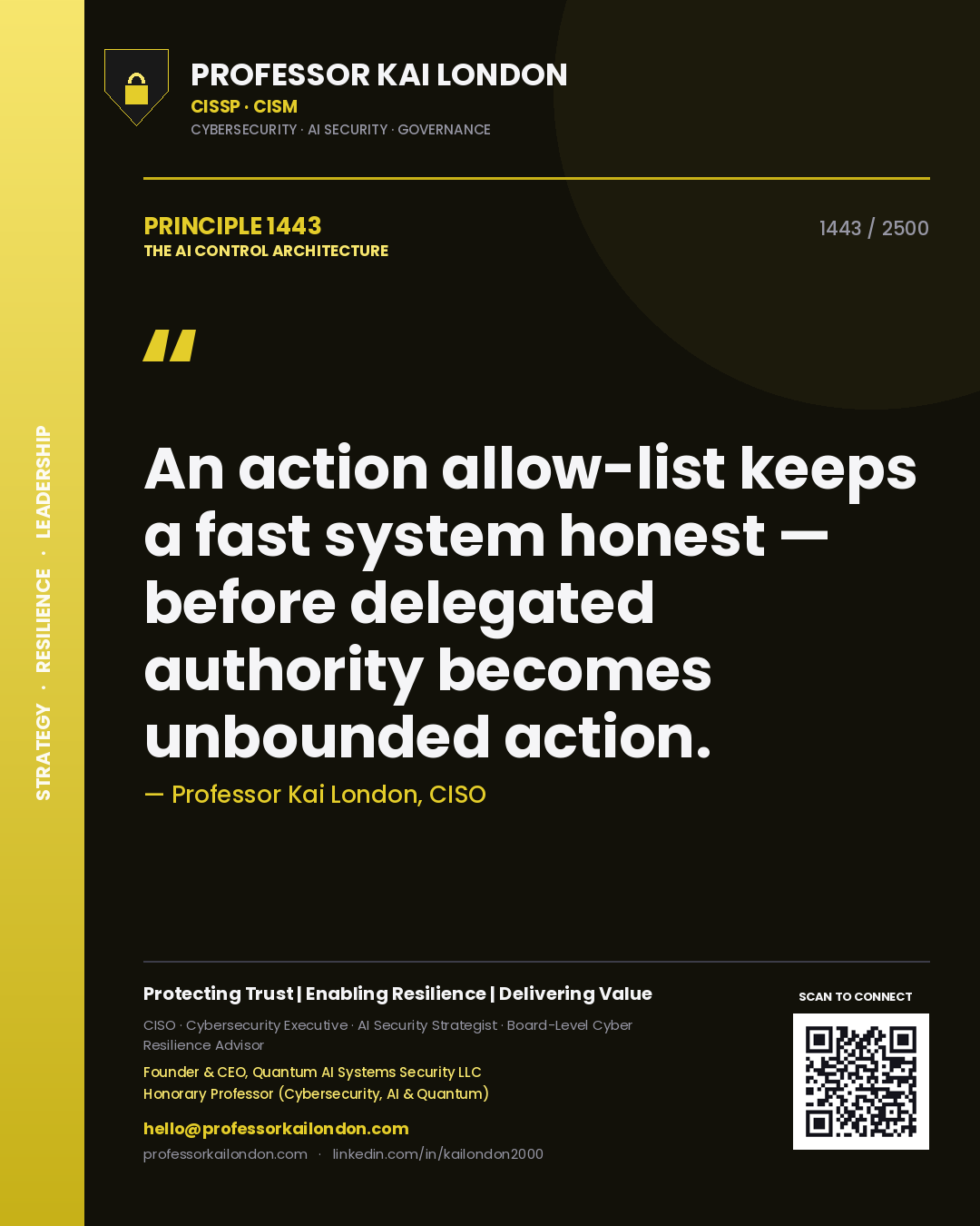 Professor Kai London principle 1443: An action allow-list keeps a fast system honest — before delegated authority becomes unbounded action.