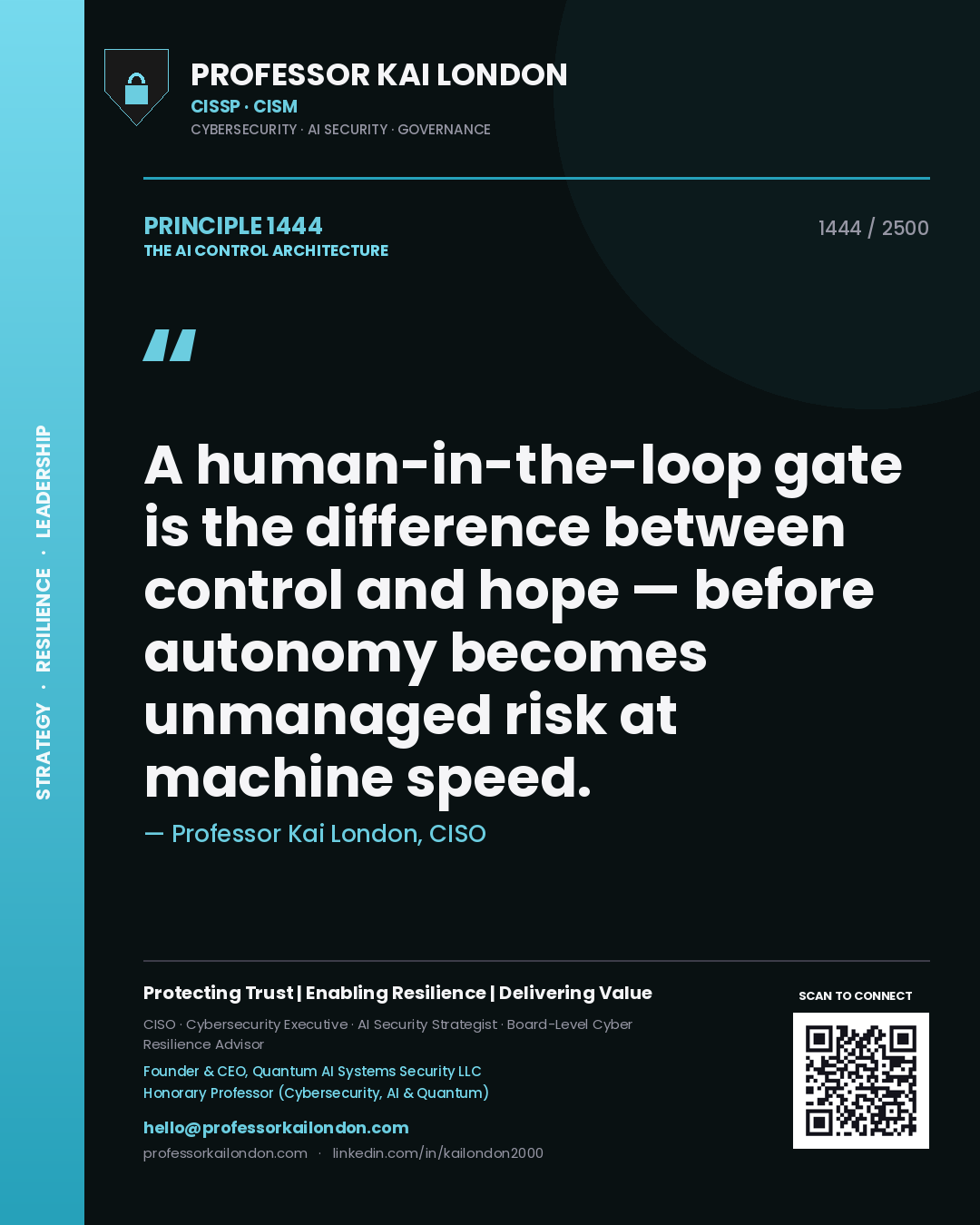 Professor Kai London principle 1444: A human-in-the-loop gate is the difference between control and hope — before autonomy becomes unmanaged risk at machine speed.