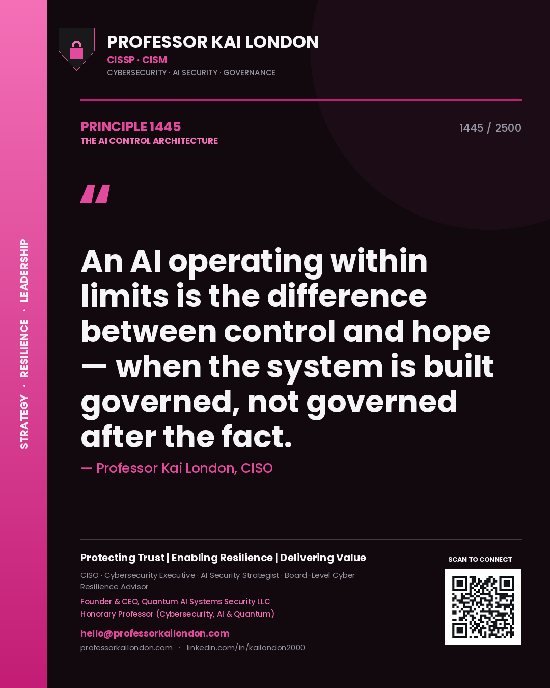 Professor Kai London principle 1445: An AI operating within limits is the difference between control and hope — when the system is built governed, not governed after the fact.