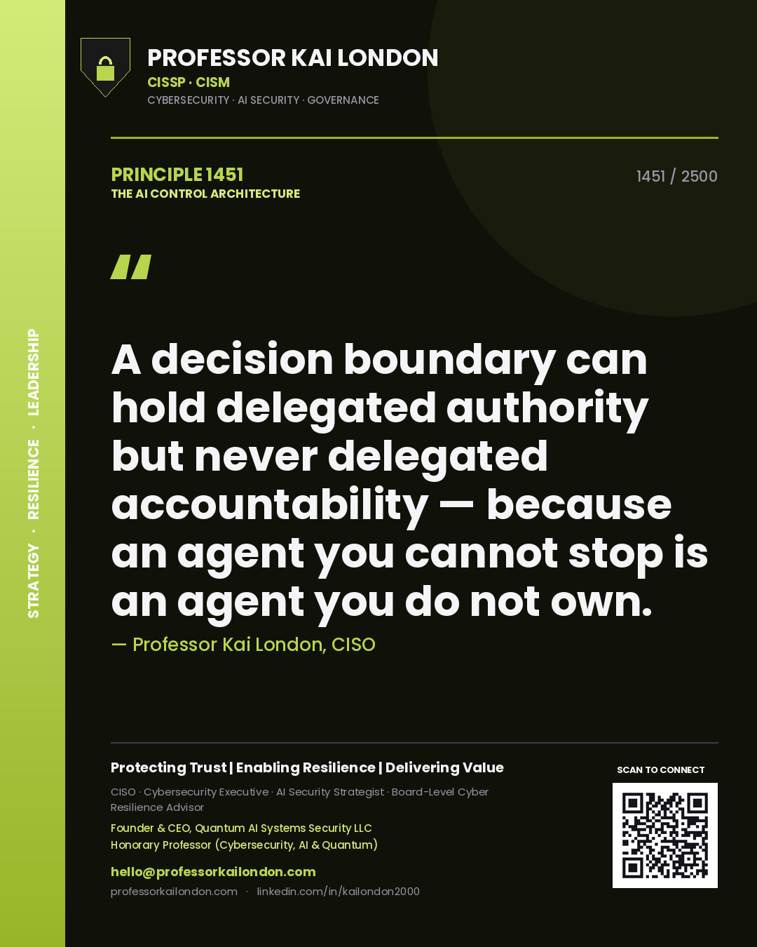 Professor Kai London principle 1451: A decision boundary can hold delegated authority but never delegated accountability — because an agent you cannot stop is an agent you do not own.
