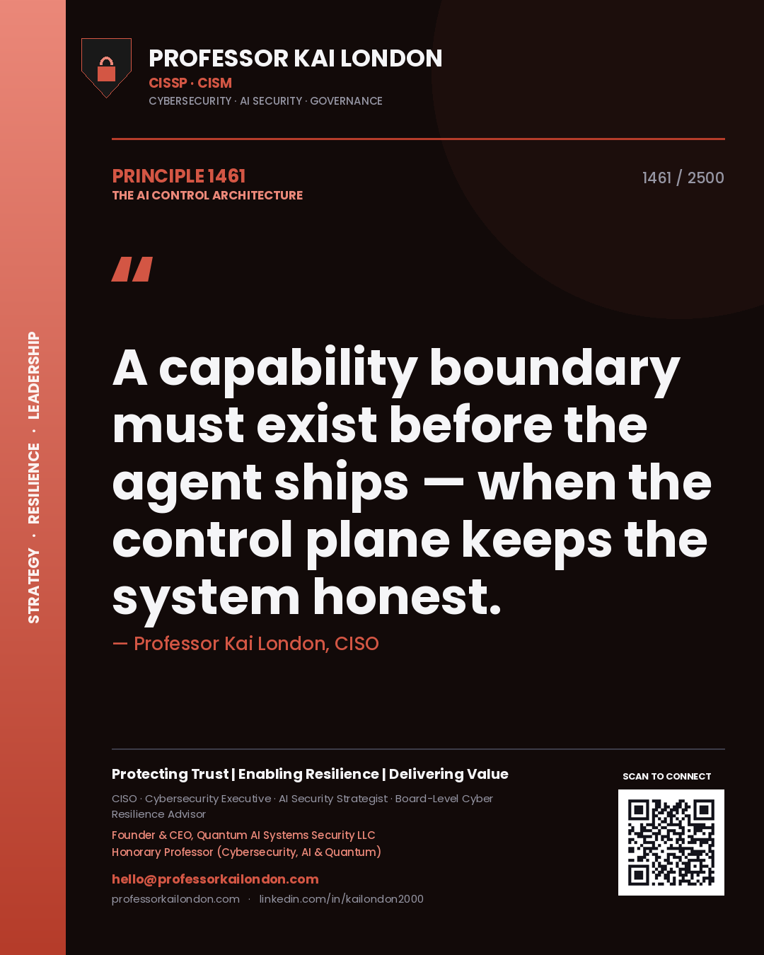 Professor Kai London principle 1461: A capability boundary must exist before the agent ships — when the control plane keeps the system honest.
