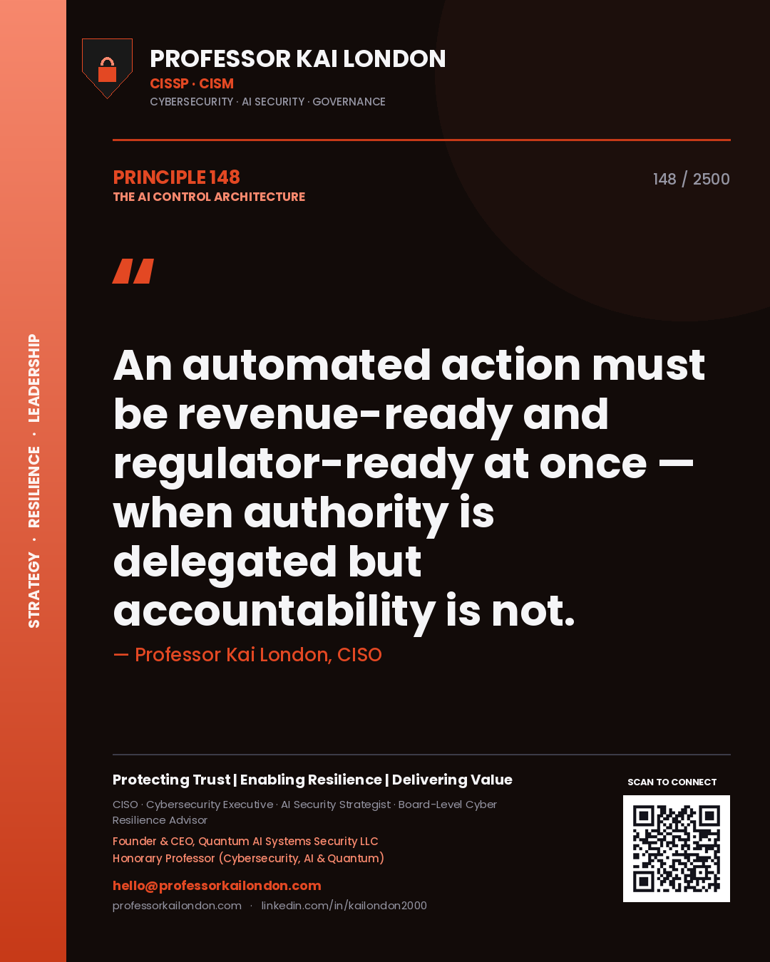 Professor Kai London principle 148: An automated action must be revenue-ready and regulator-ready at once — when authority is delegated but accountability is not.