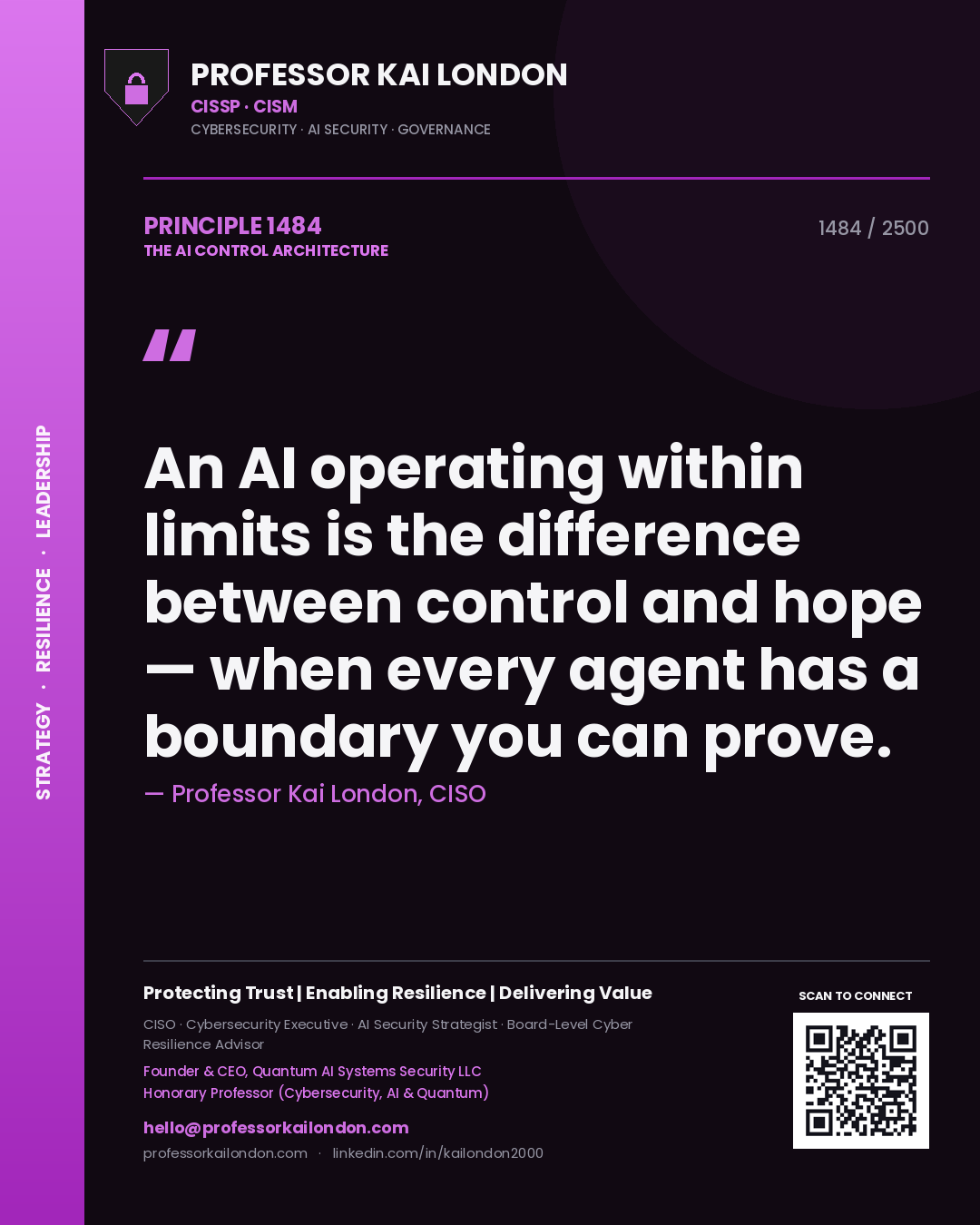 Professor Kai London principle 1484: An AI operating within limits is the difference between control and hope — when every agent has a boundary you can prove.
