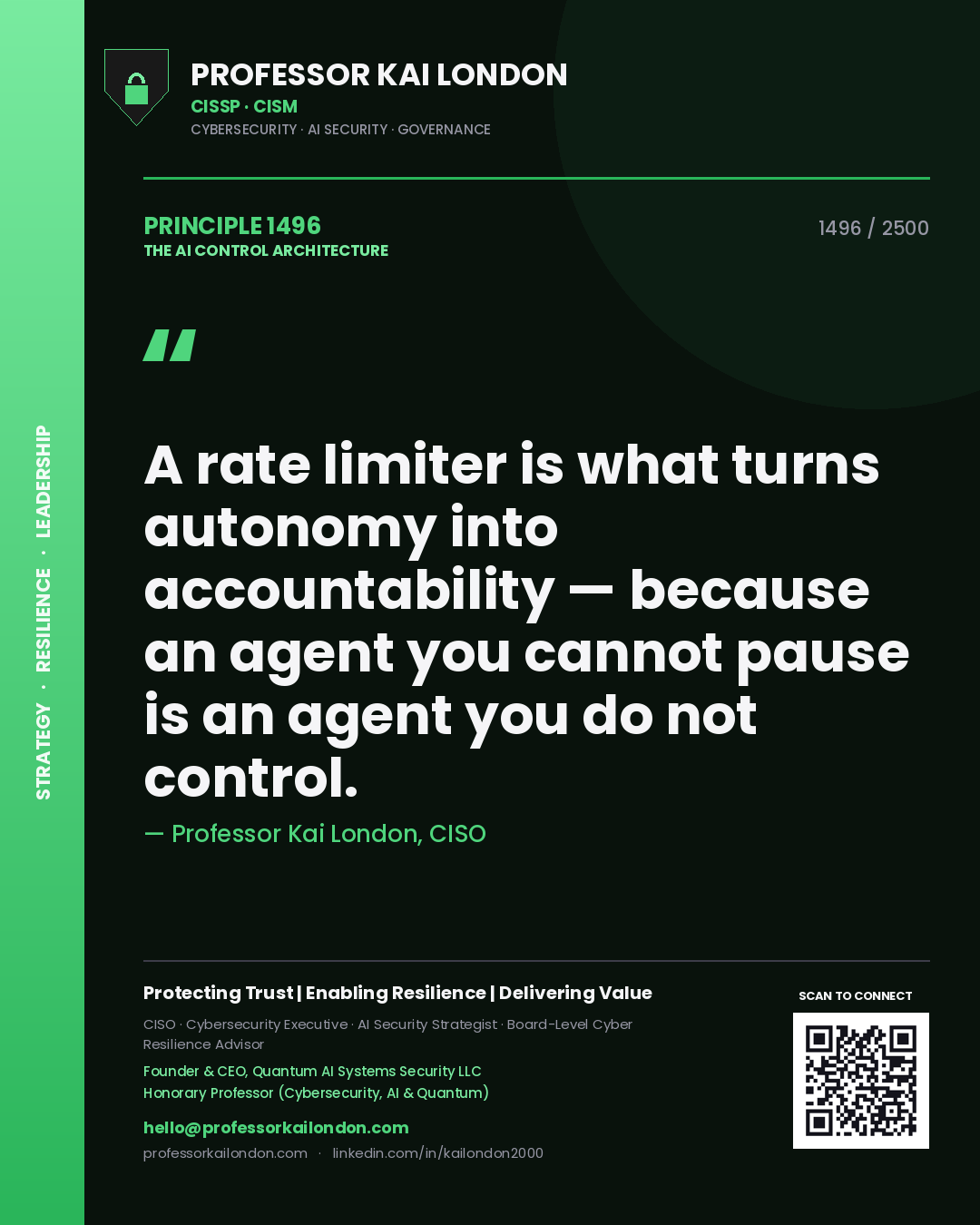 Professor Kai London principle 1496: A rate limiter is what turns autonomy into accountability — because an agent you cannot pause is an agent you do not control.