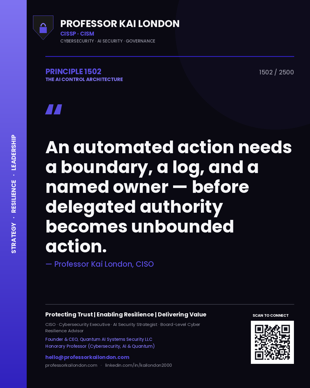 Professor Kai London principle 1502: An automated action needs a boundary, a log, and a named owner — before delegated authority becomes unbounded action.