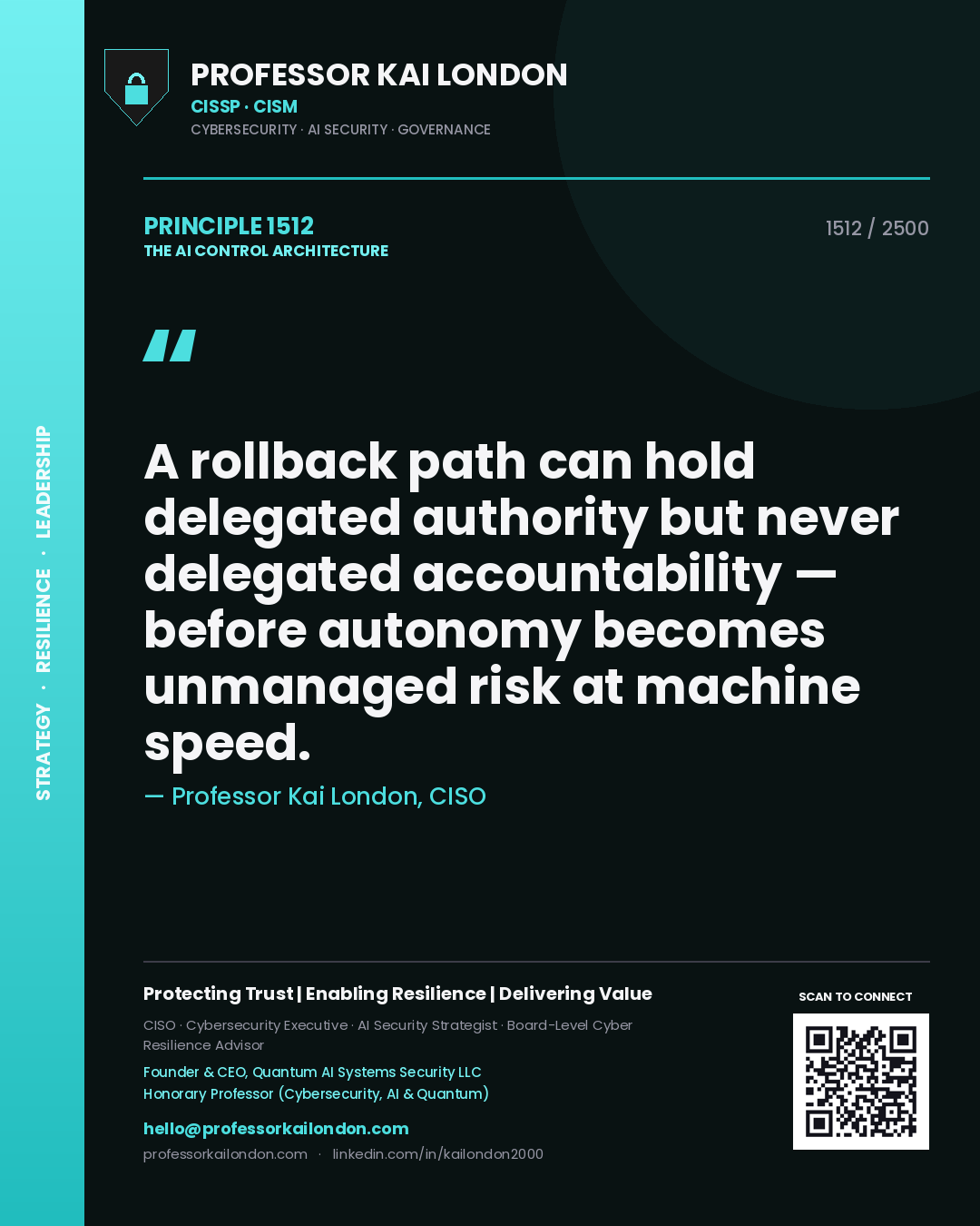 Professor Kai London principle 1512: A rollback path can hold delegated authority but never delegated accountability — before autonomy becomes unmanaged risk at machine speed.