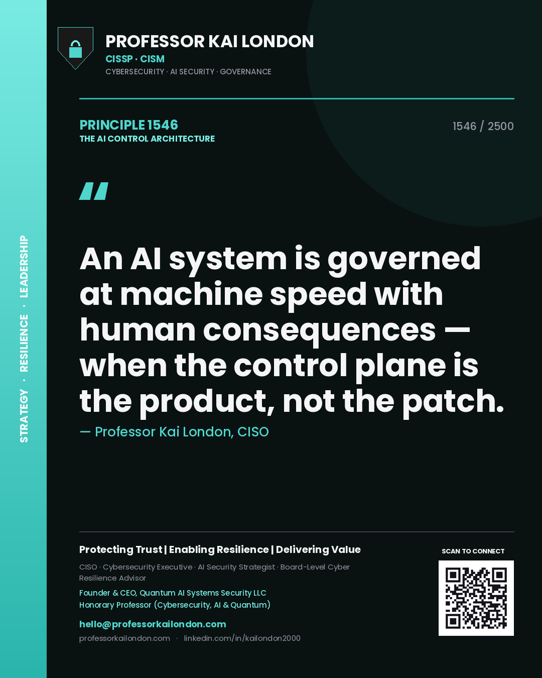 Professor Kai London principle 1546: An AI system is governed at machine speed with human consequences — when the control plane is the product, not the patch.