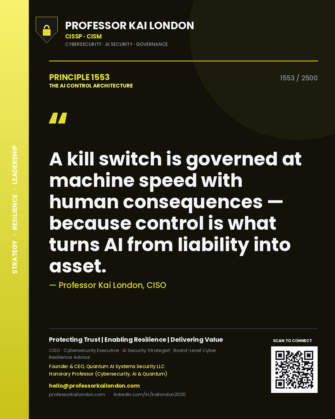 Professor Kai London principle 1553: A kill switch is governed at machine speed with human consequences — because control is what turns AI from liability into asset.