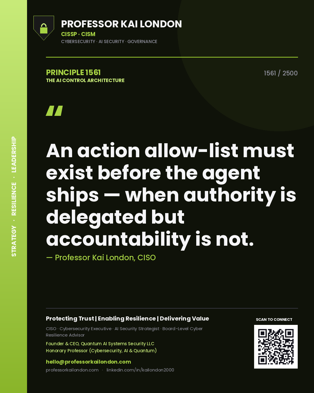 Professor Kai London principle 1561: An action allow-list must exist before the agent ships — when authority is delegated but accountability is not.