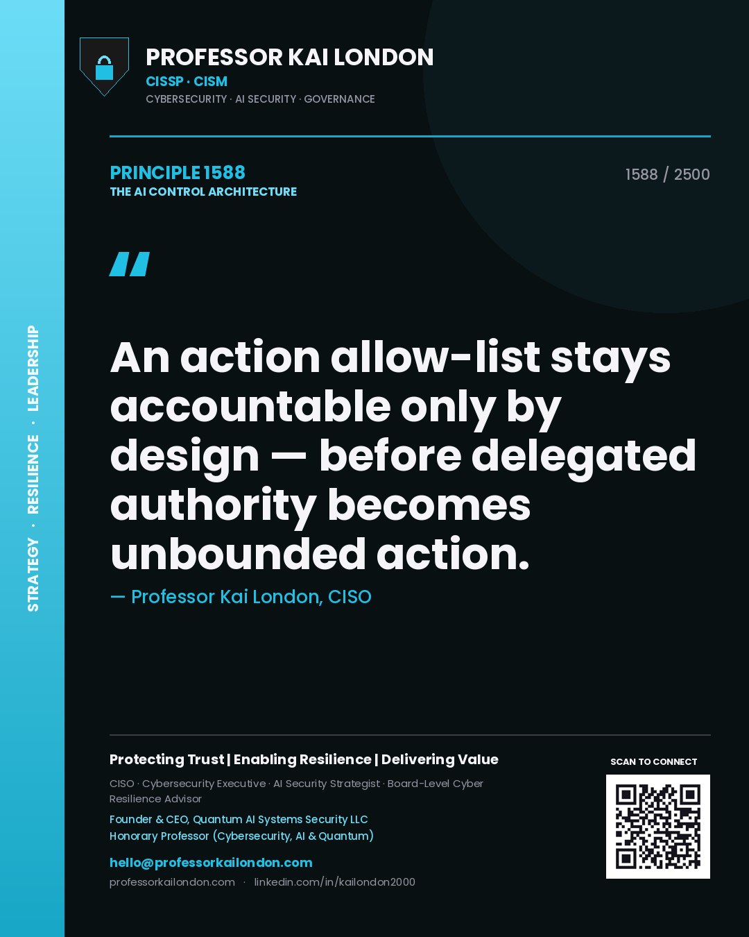 Professor Kai London principle 1588: An action allow-list stays accountable only by design — before delegated authority becomes unbounded action.