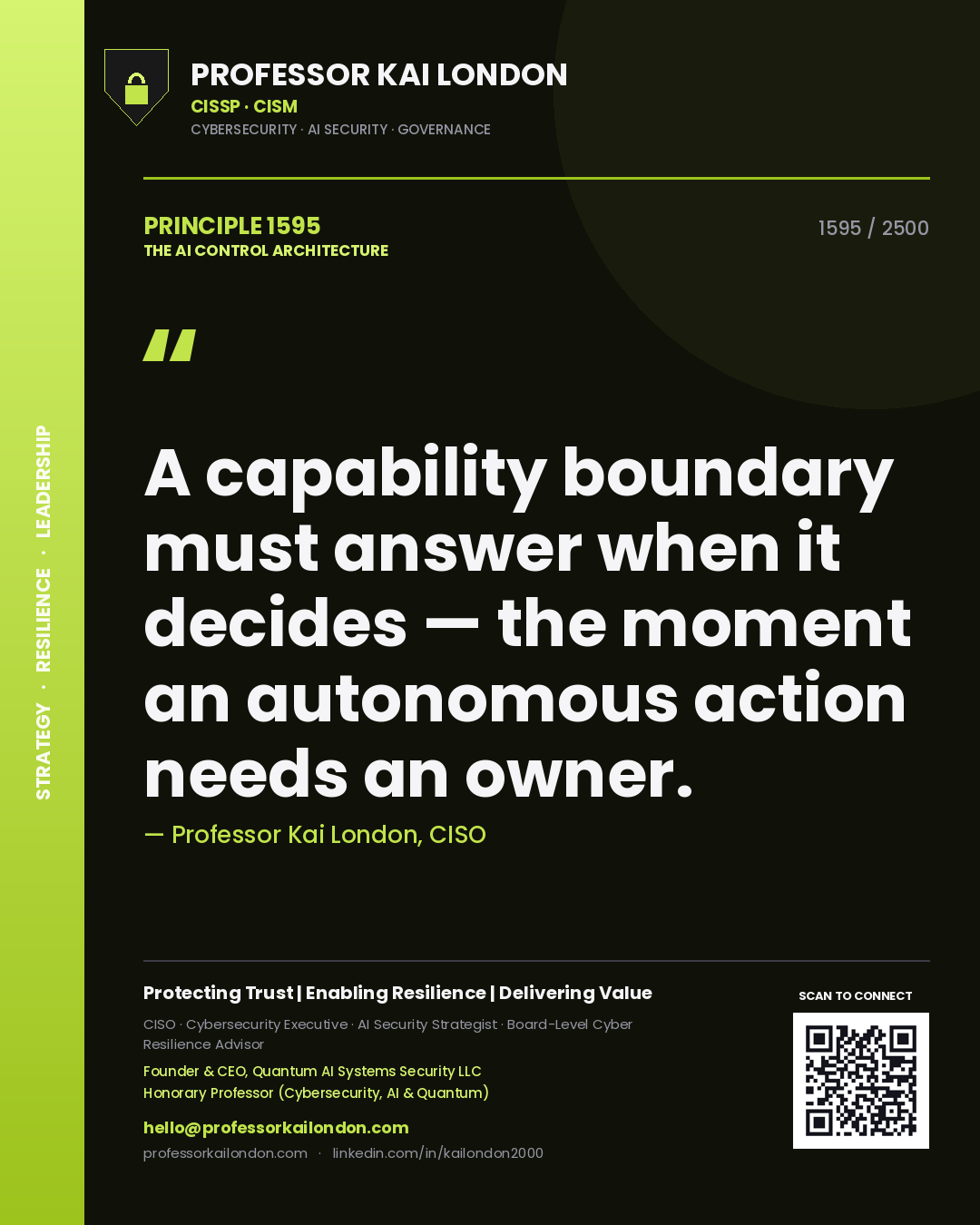 Professor Kai London principle 1595: A capability boundary must answer when it decides — the moment an autonomous action needs an owner.