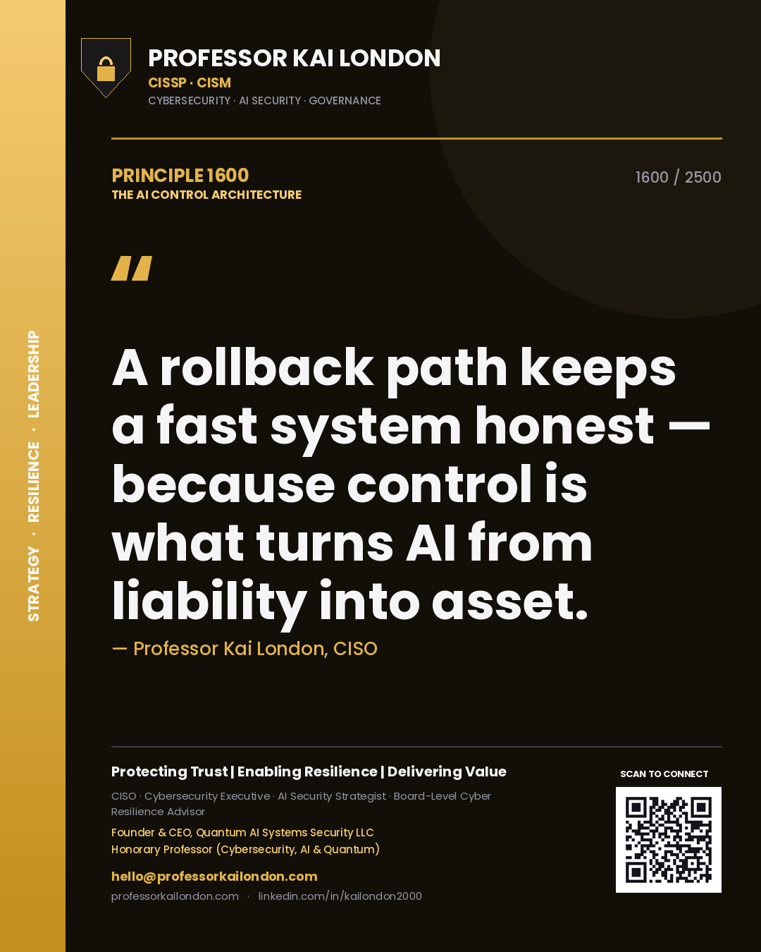 Professor Kai London principle 1600: A rollback path keeps a fast system honest — because control is what turns AI from liability into asset.