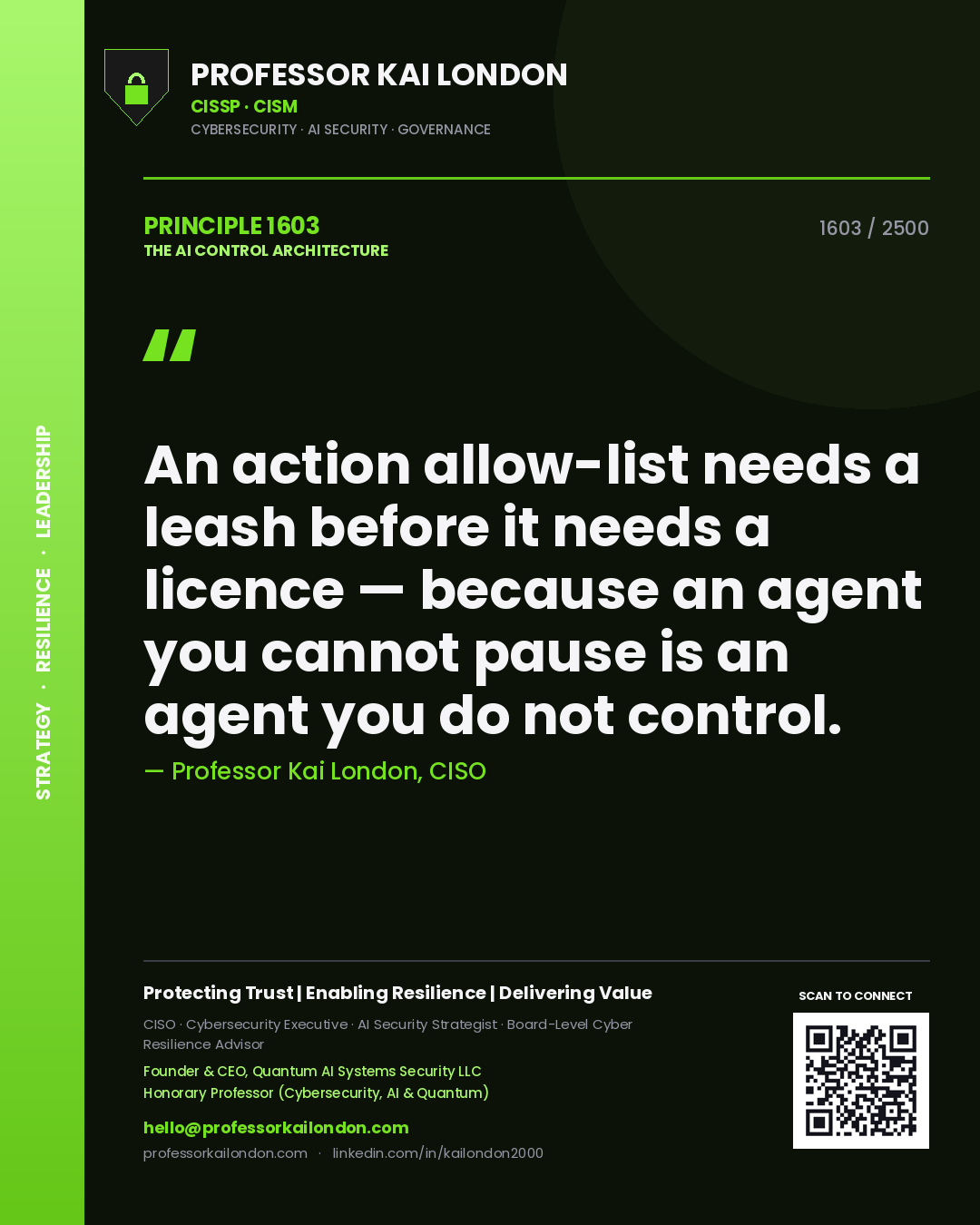 Professor Kai London principle 1603: An action allow-list needs a leash before it needs a licence — because an agent you cannot pause is an agent you do not control.