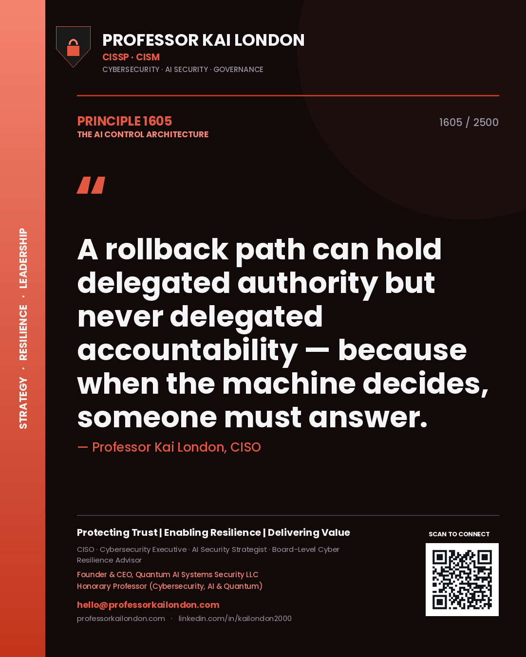 Professor Kai London principle 1605: A rollback path can hold delegated authority but never delegated accountability — because when the machine decides, someone must answer.