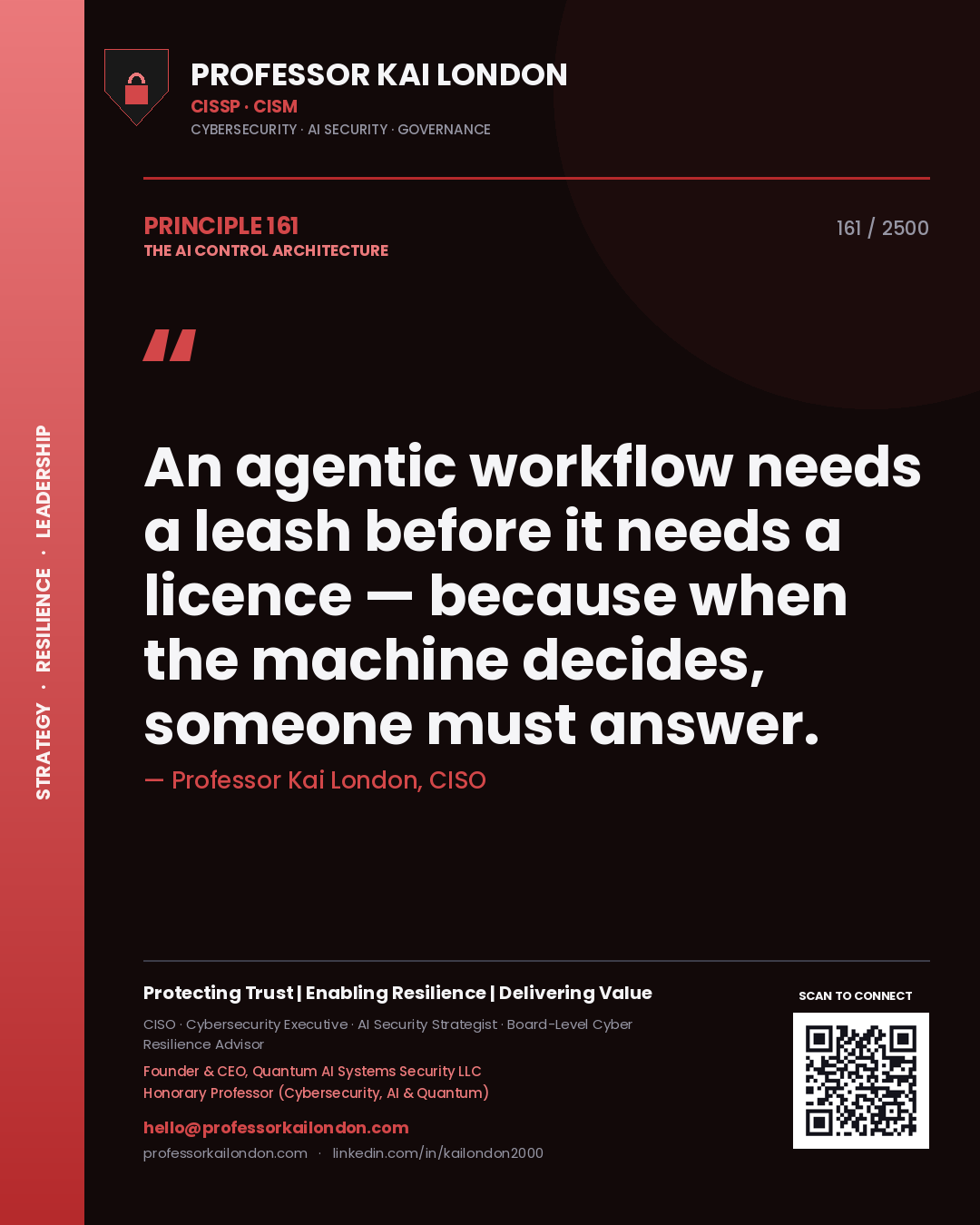 Professor Kai London principle 161: An agentic workflow needs a leash before it needs a licence — because when the machine decides, someone must answer.