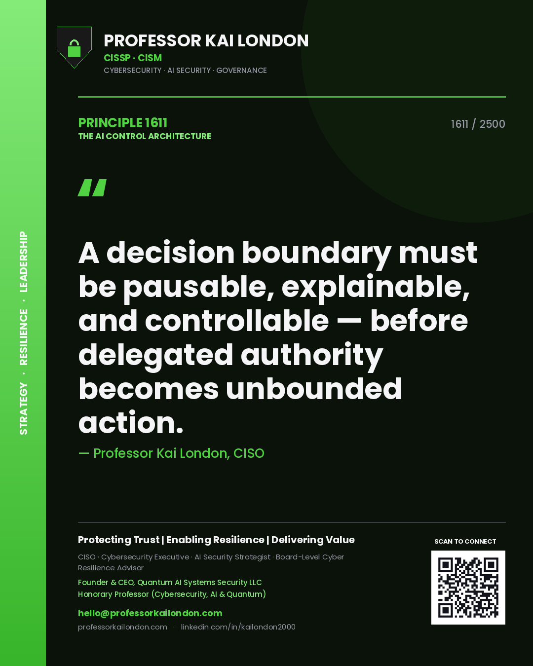 Professor Kai London principle 1611: A decision boundary must be pausable, explainable, and controllable — before delegated authority becomes unbounded action.