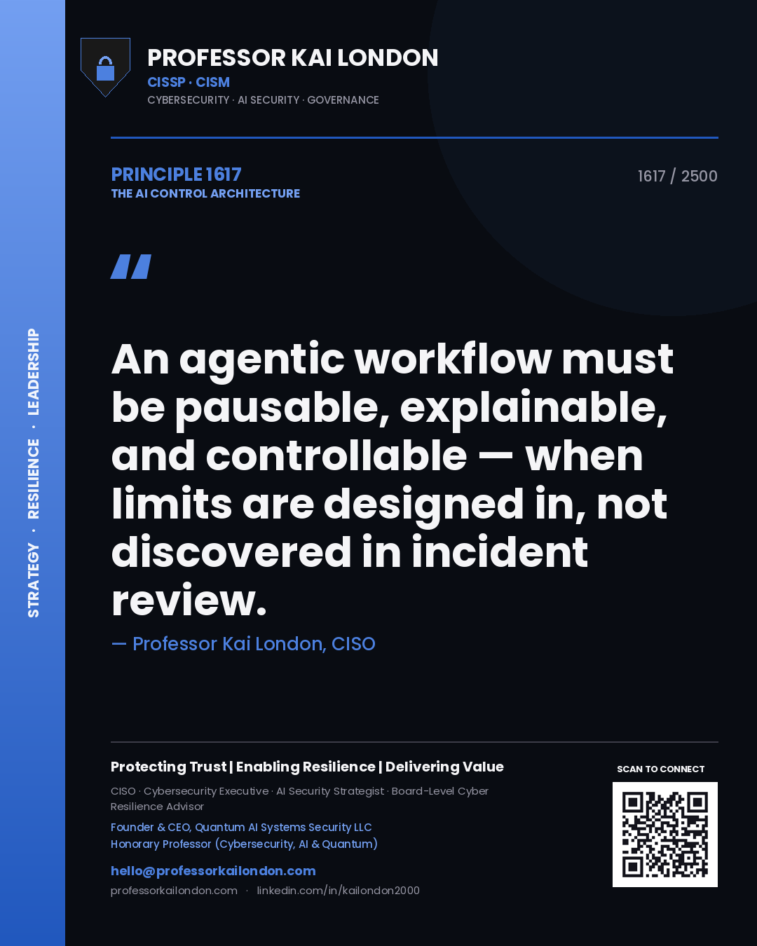 Professor Kai London principle 1617: An agentic workflow must be pausable, explainable, and controllable — when limits are designed in, not discovered in incident review.